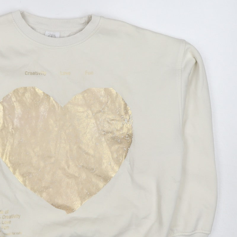 Zara Girls Ivory Gold Heart Graphic Sweatshirt 11-12 Years Pullover