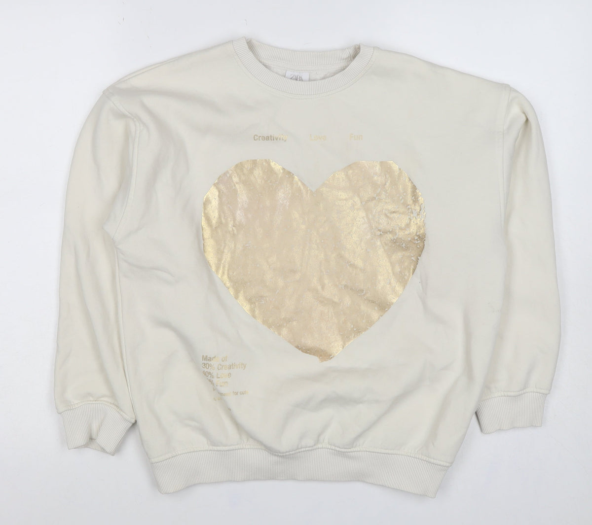 Zara Girls Ivory Gold Heart Graphic Sweatshirt 11-12 Years Pullover