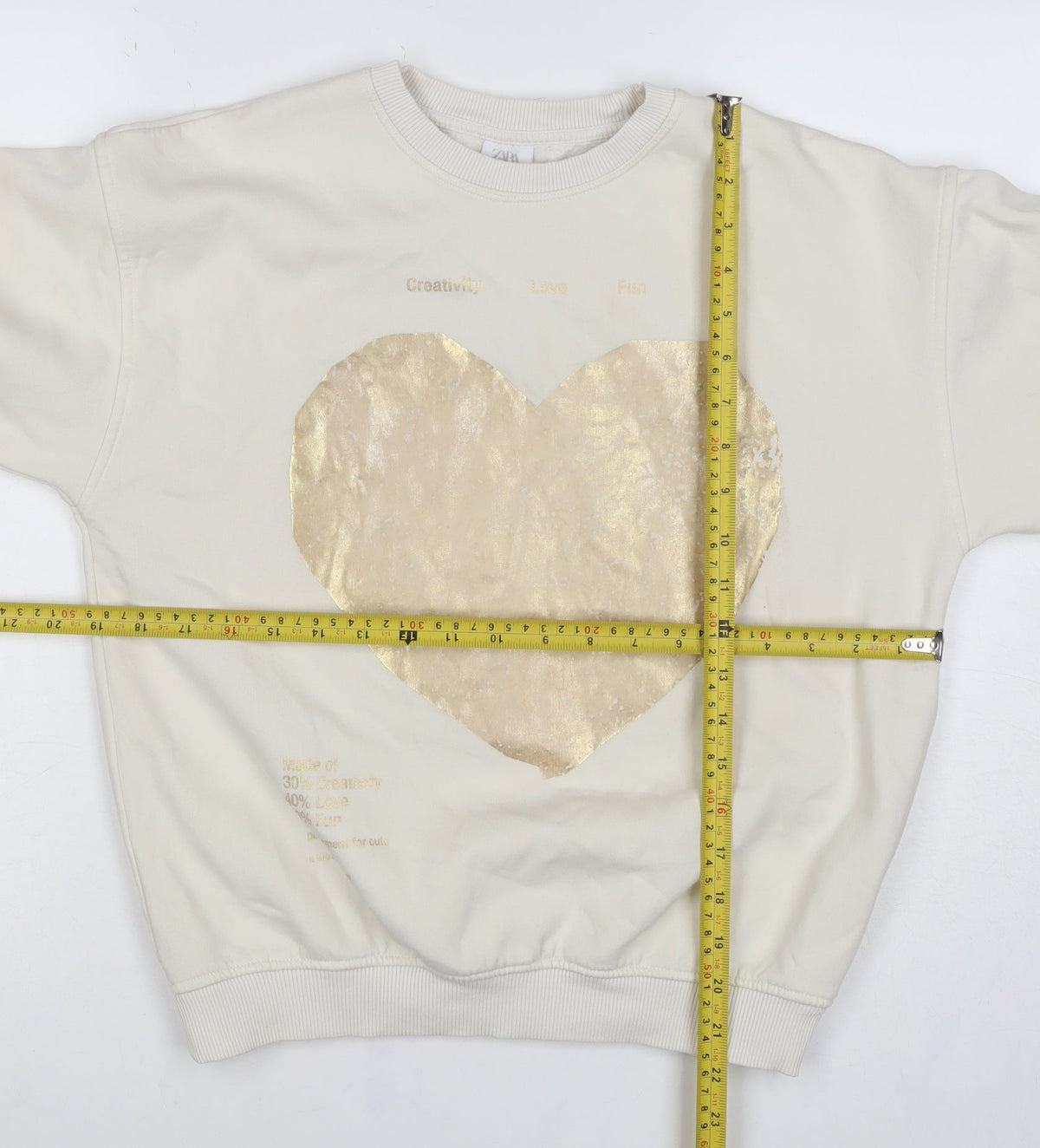 Zara Girls Ivory Gold Heart Graphic Sweatshirt 11-12 Years Pullover