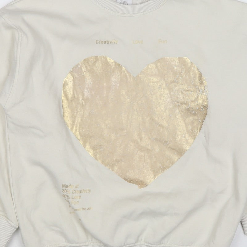 Zara Girls Ivory Gold Heart Graphic Sweatshirt 11-12 Years Pullover