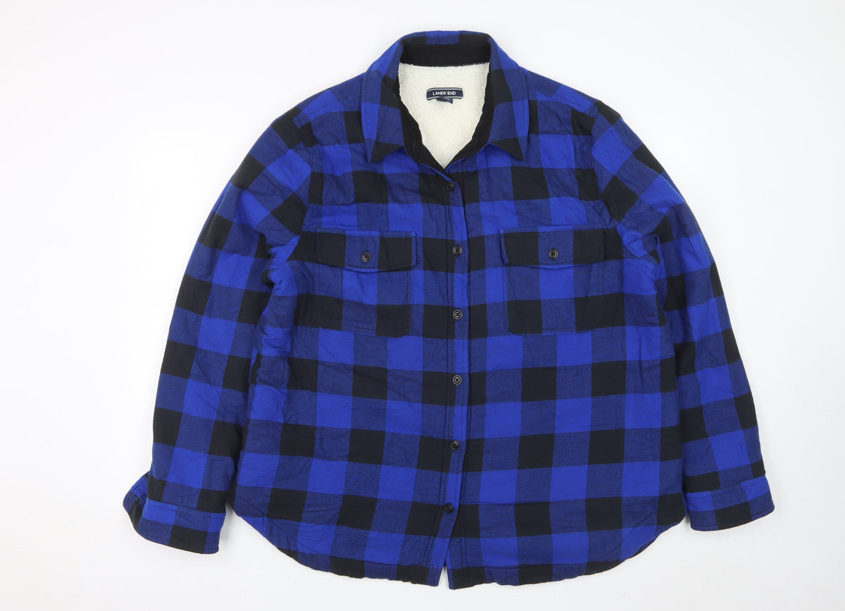 Lands' End Men's Blue Black XL Sherpa-Lined Buffalo Check Shirt Jacket