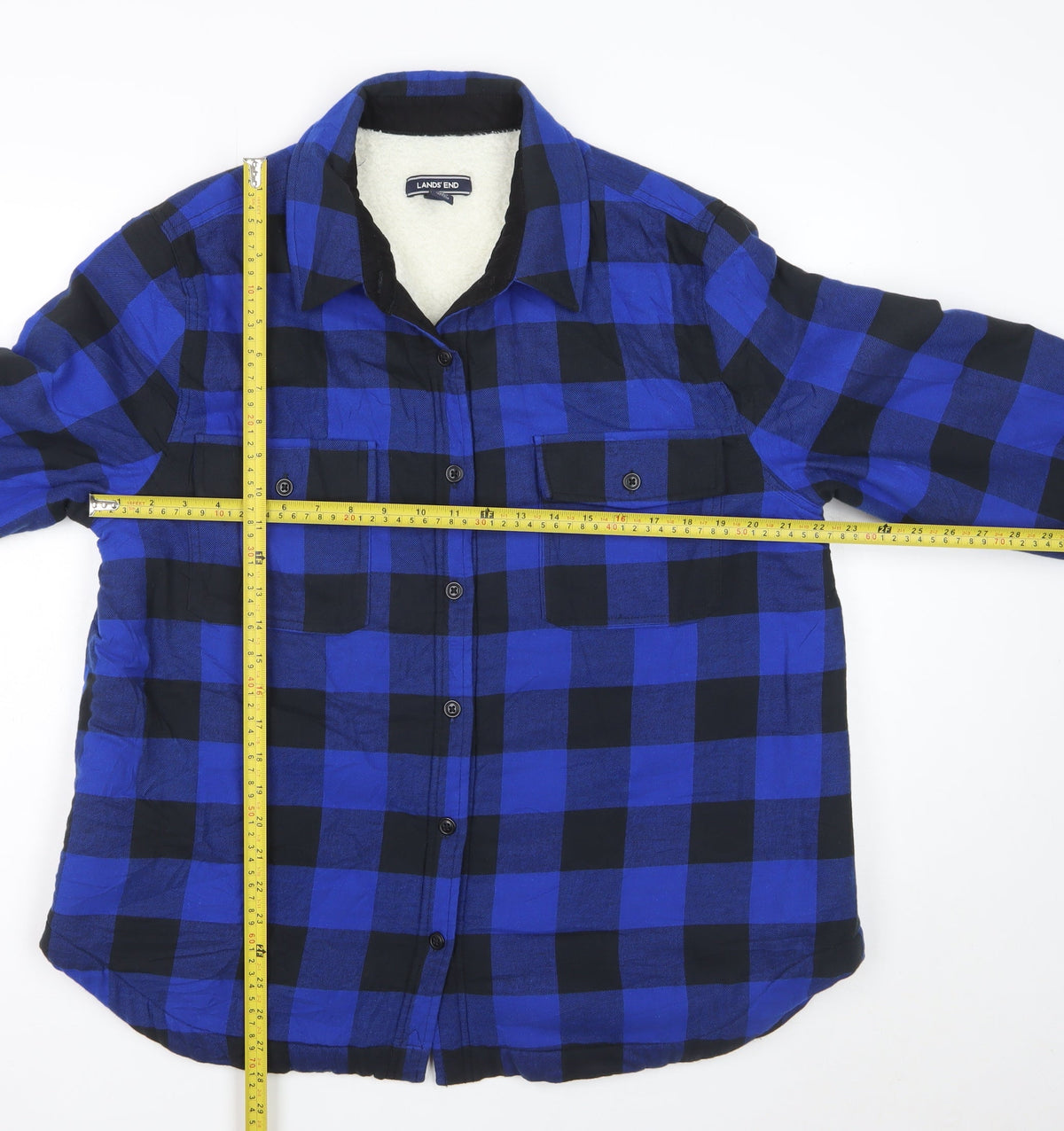 Lands' End Men's Blue Black XL Sherpa-Lined Buffalo Check Shirt Jacket