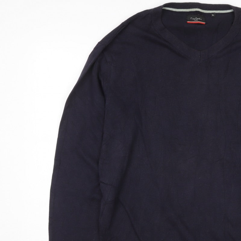 Pierre Cardin Men Blue XL V-Neck Cotton Knit Pullover Jumper