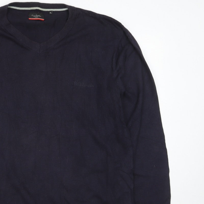 Pierre Cardin Men Blue XL V-Neck Cotton Knit Pullover Jumper