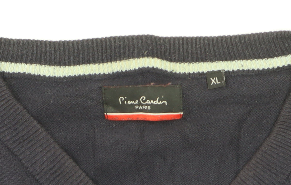 Pierre Cardin Men Blue XL V-Neck Cotton Knit Pullover Jumper