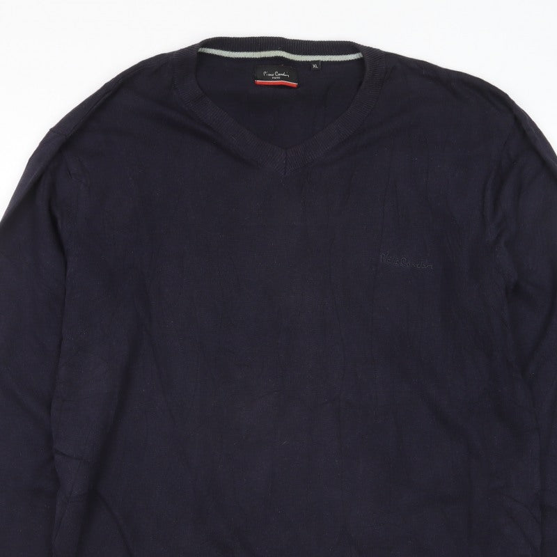 Pierre Cardin Men Blue XL V-Neck Cotton Knit Pullover Jumper