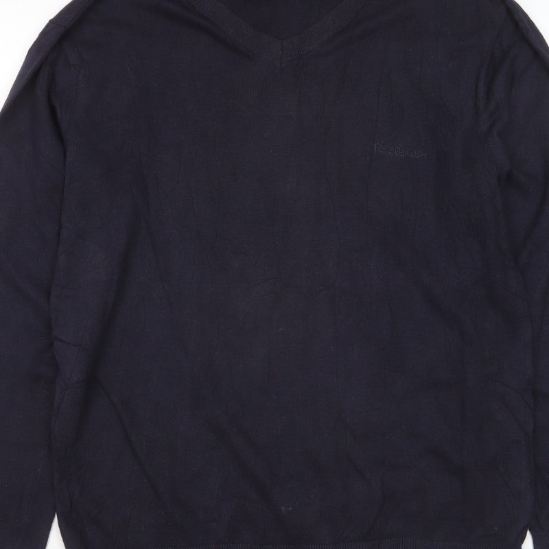 Pierre Cardin Men Blue XL V-Neck Cotton Knit Pullover Jumper