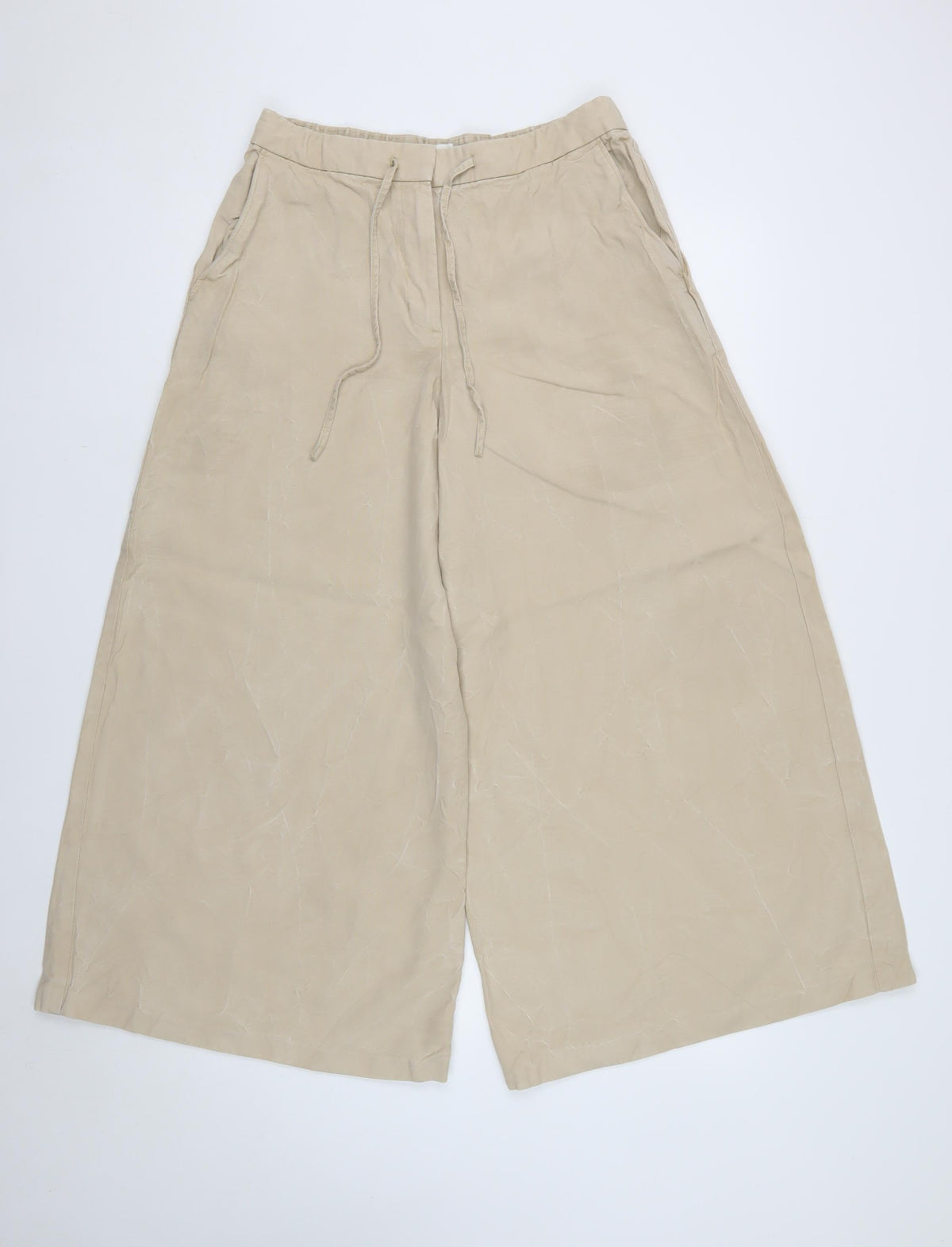 M&S Women Beige UK 12 Short Wide-Leg Drawstring Trousers