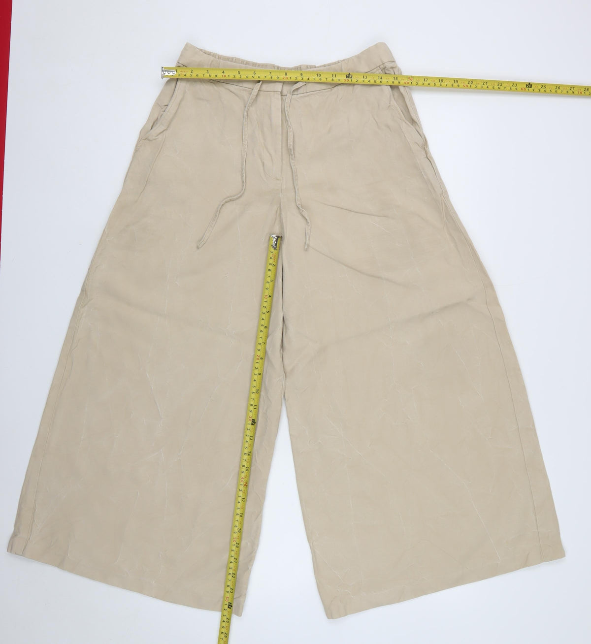 M&S Women Beige UK 12 Short Wide-Leg Drawstring Trousers