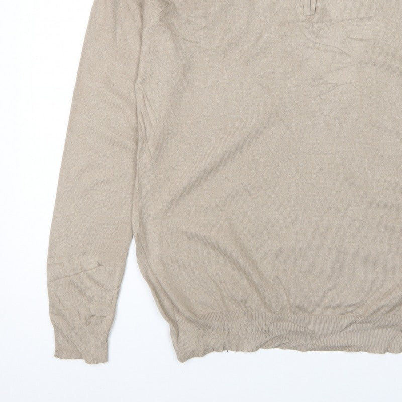 boohooMAN Men’s Beige L Collared 1/4 Zip Fine Knit Pullover Jumper