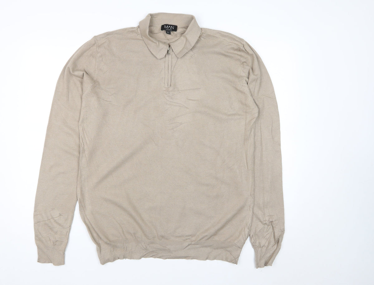 boohooMAN Men’s Beige L Collared 1/4 Zip Fine Knit Pullover Jumper