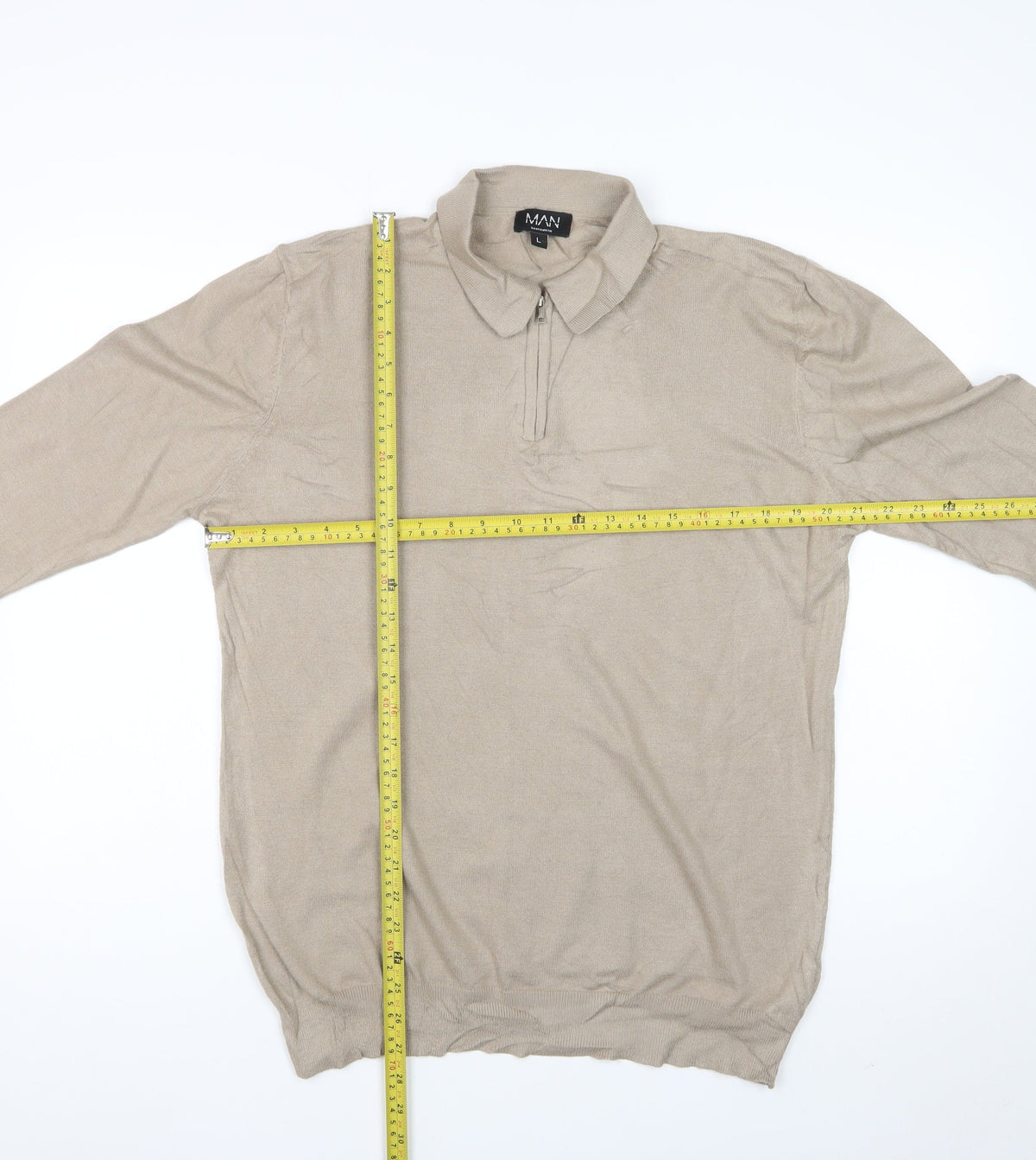 boohooMAN Men’s Beige L Collared 1/4 Zip Fine Knit Pullover Jumper