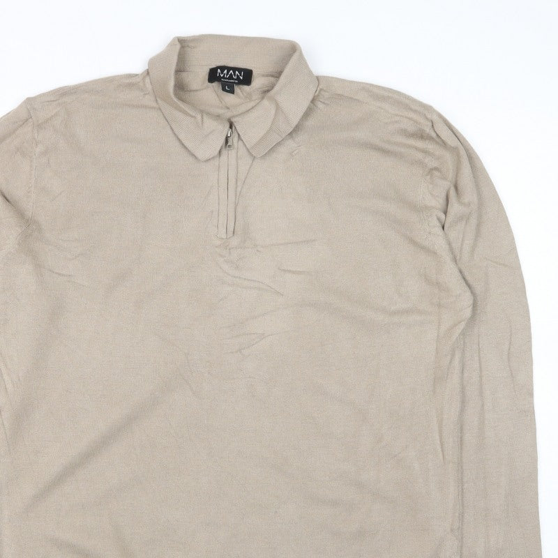 boohooMAN Men’s Beige L Collared 1/4 Zip Fine Knit Pullover Jumper