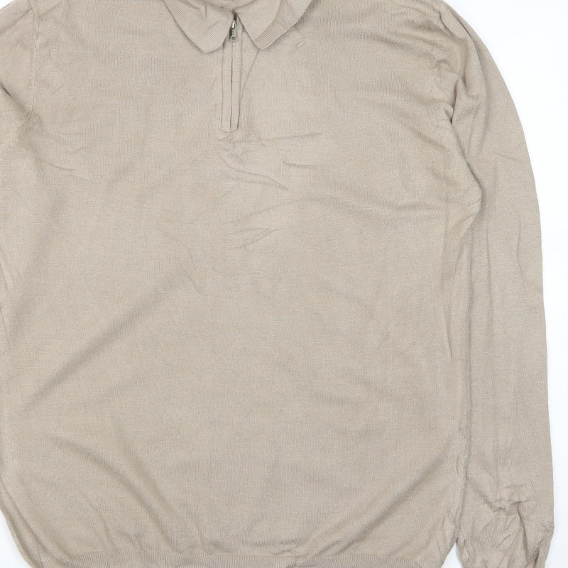 boohooMAN Men’s Beige L Collared 1/4 Zip Fine Knit Pullover Jumper