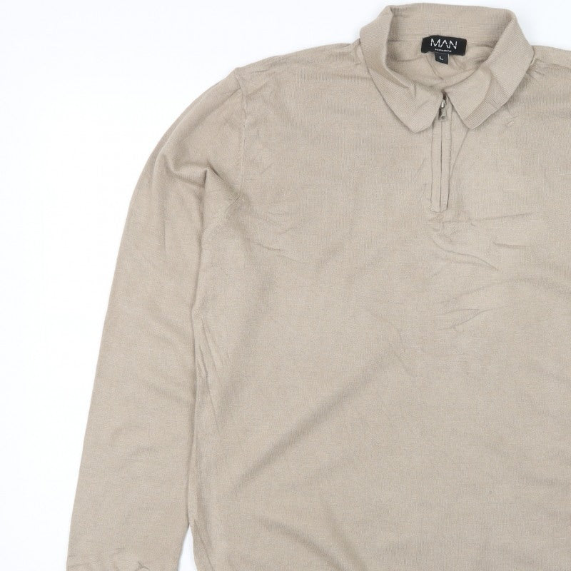 boohooMAN Men’s Beige L Collared 1/4 Zip Fine Knit Pullover Jumper