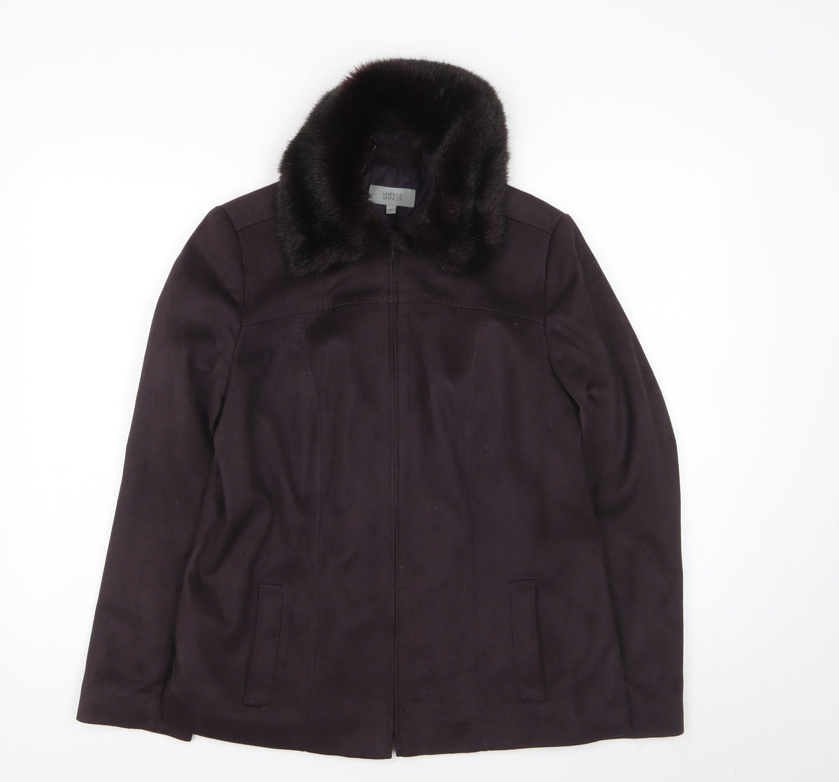 Marks & Spencer Women Black Fur Trim Zip Jacket Coat Size 14