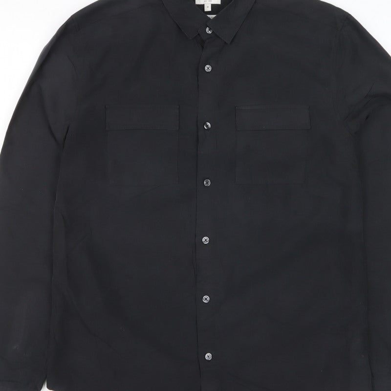 Next Men's Black M Modal Blend Button-Down Long Sleeve Pocket Shirt