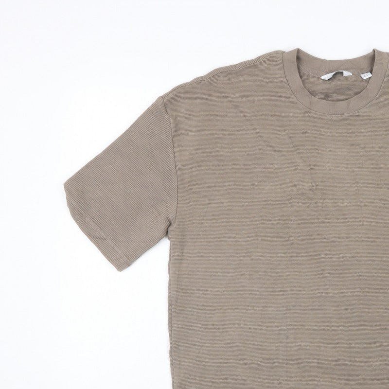 Next Men Beige L Relaxed Fit Ribbed Stripe Crew Neck T-Shirt