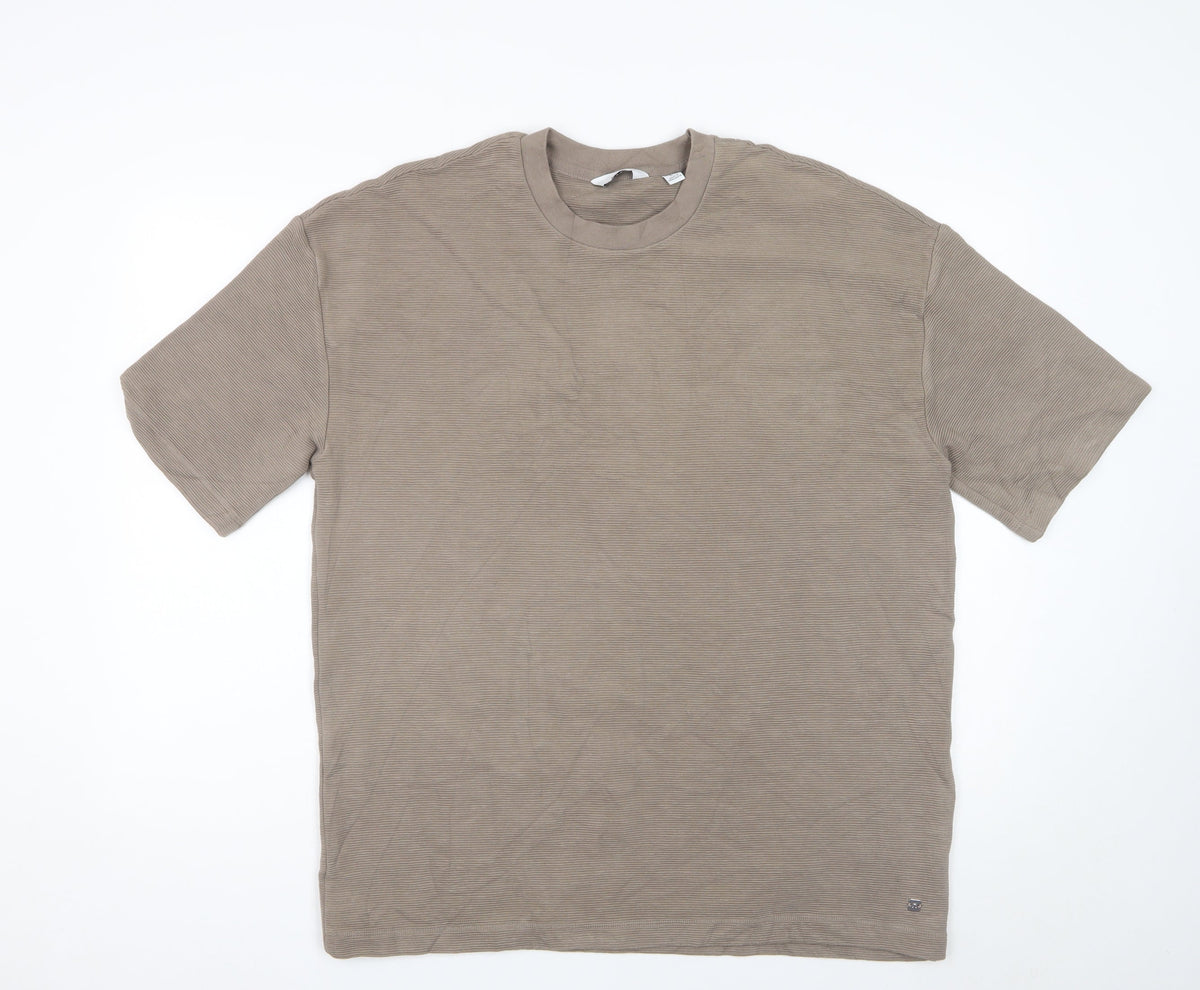 Next Men Beige L Relaxed Fit Ribbed Stripe Crew Neck T-Shirt