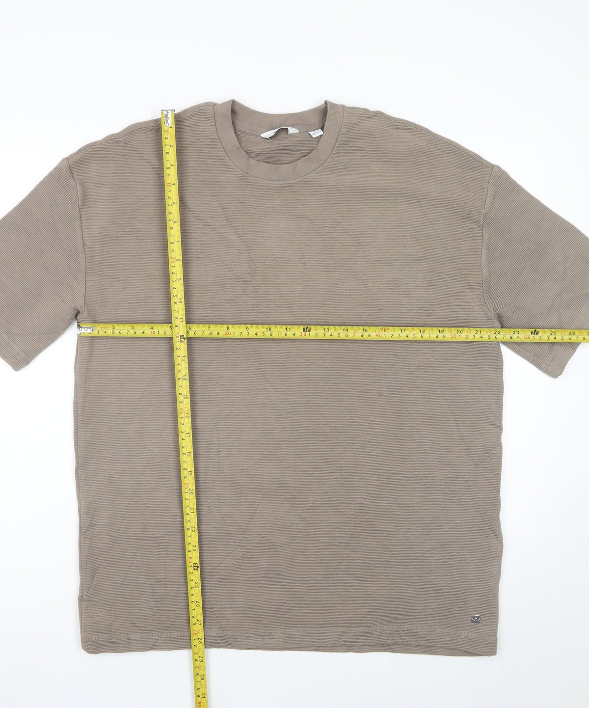 Next Men Beige L Relaxed Fit Ribbed Stripe Crew Neck T-Shirt