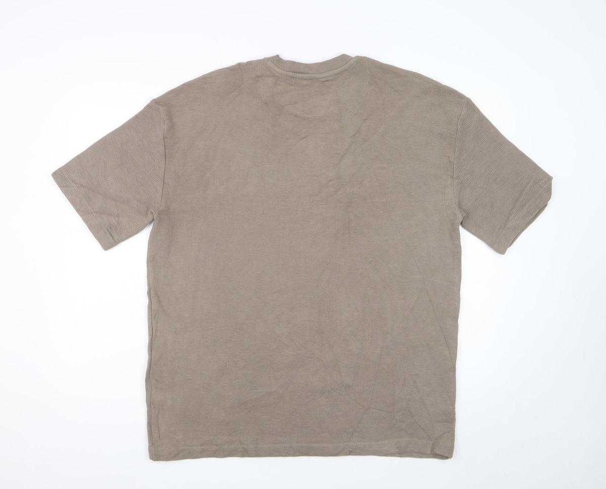 Next Men Beige L Relaxed Fit Ribbed Stripe Crew Neck T-Shirt