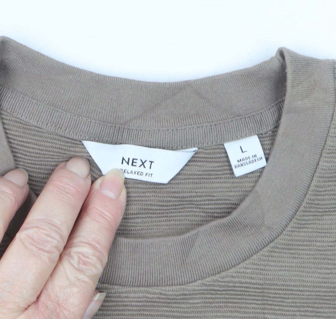 Next Men Beige L Relaxed Fit Ribbed Stripe Crew Neck T-Shirt