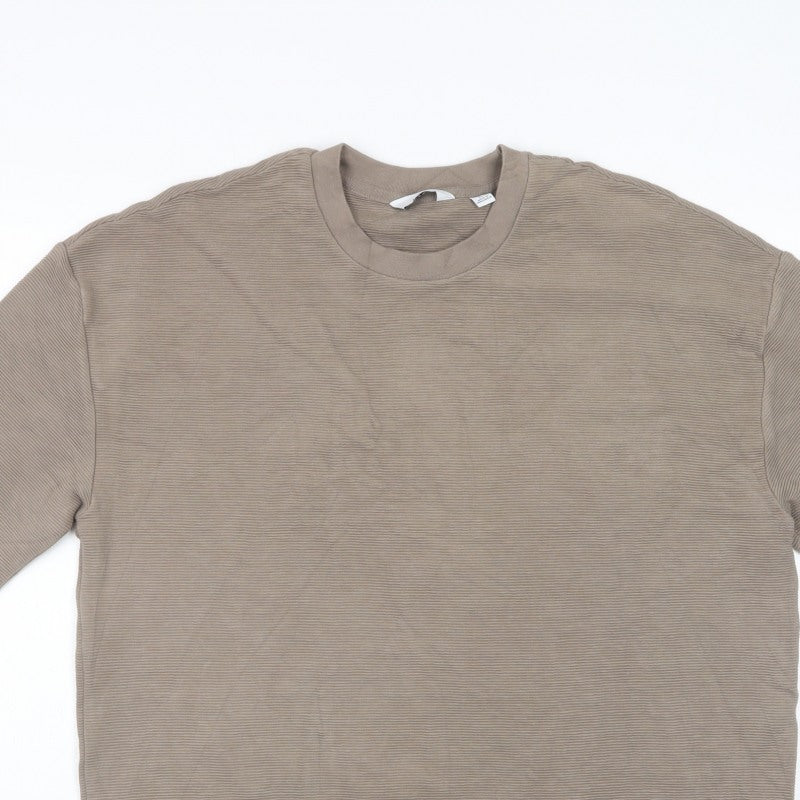 Next Men Beige L Relaxed Fit Ribbed Stripe Crew Neck T-Shirt