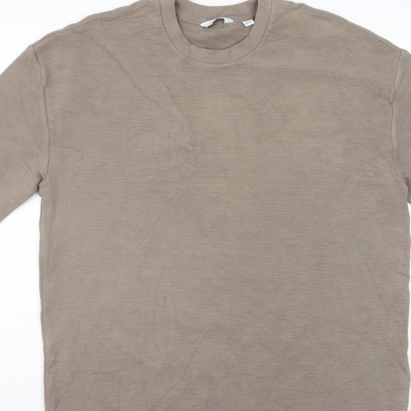 Next Men Beige L Relaxed Fit Ribbed Stripe Crew Neck T-Shirt