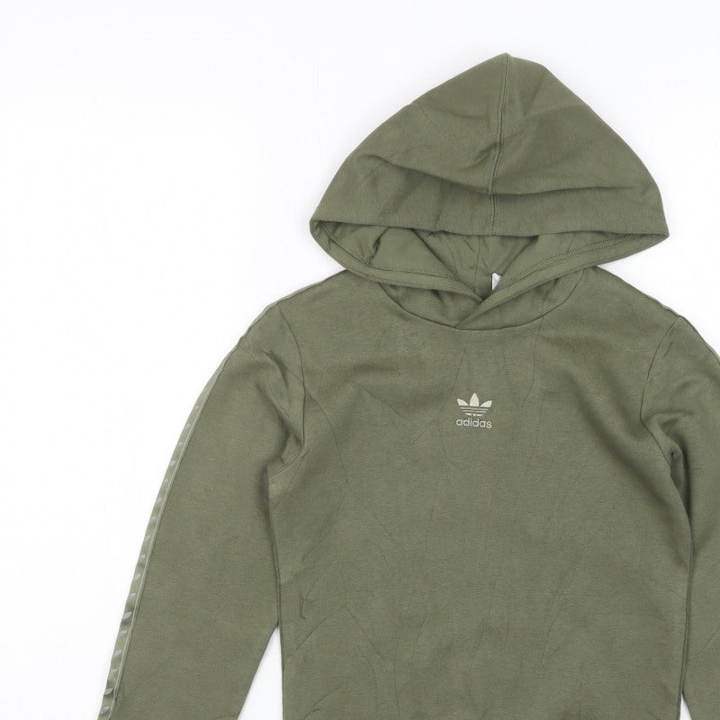 adidas Boys Green 7-8 Years Pullover Hoodie Trefoil Logo Tape