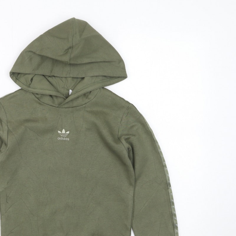 adidas Boys Green 7-8 Years Pullover Hoodie Trefoil Logo Tape