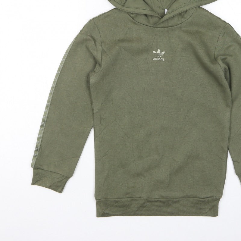 adidas Boys Green 7-8 Years Pullover Hoodie Trefoil Logo Tape