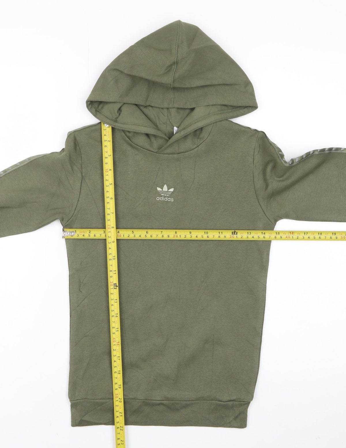 adidas Boys Green 7-8 Years Pullover Hoodie Trefoil Logo Tape