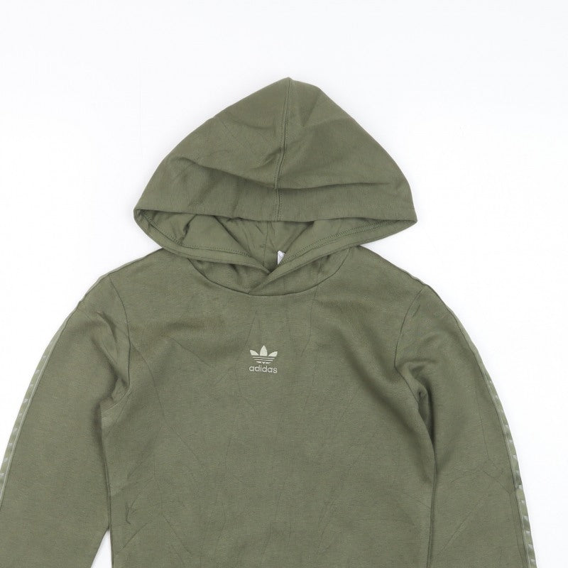 adidas Boys Green 7-8 Years Pullover Hoodie Trefoil Logo Tape
