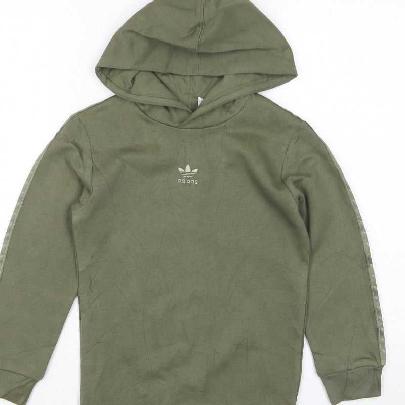adidas Boys Green 7-8 Years Pullover Hoodie Trefoil Logo Tape