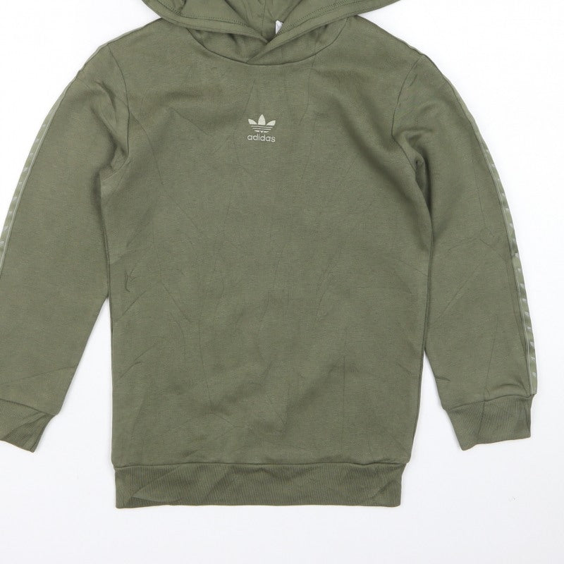 adidas Boys Green 7-8 Years Pullover Hoodie Trefoil Logo Tape