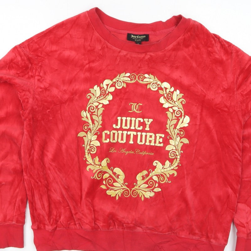 Juicy Couture Women Red S Velour Logo Crew Neck Pullover Sweatshirt