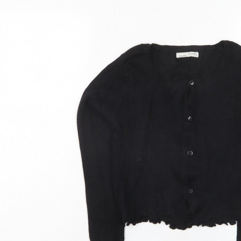 Pull&Bear Women Black S Rib Knit Button Cardigan Long Sleeve