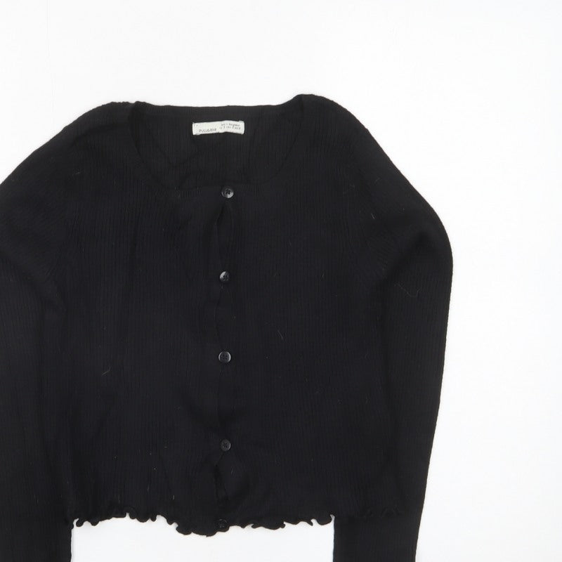 Pull&Bear Women Black S Rib Knit Button Cardigan Long Sleeve