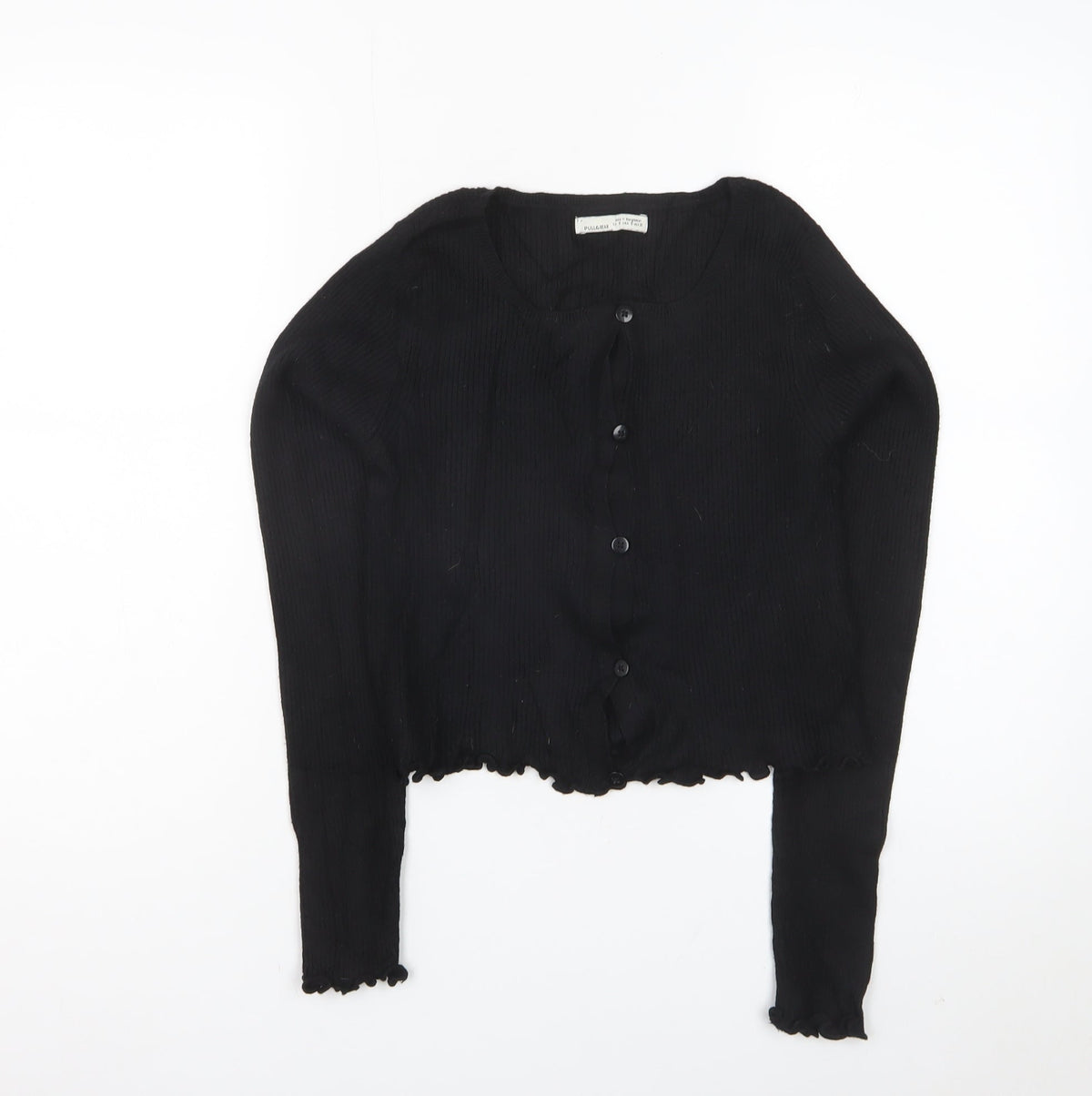 Pull&Bear Women Black S Rib Knit Button Cardigan Long Sleeve