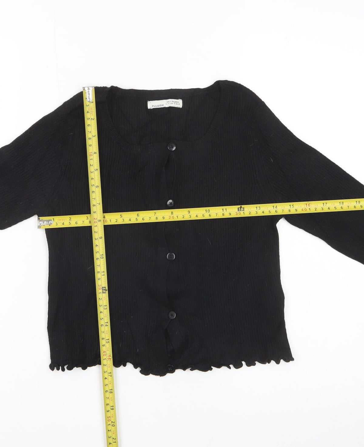 Pull&Bear Women Black S Rib Knit Button Cardigan Long Sleeve