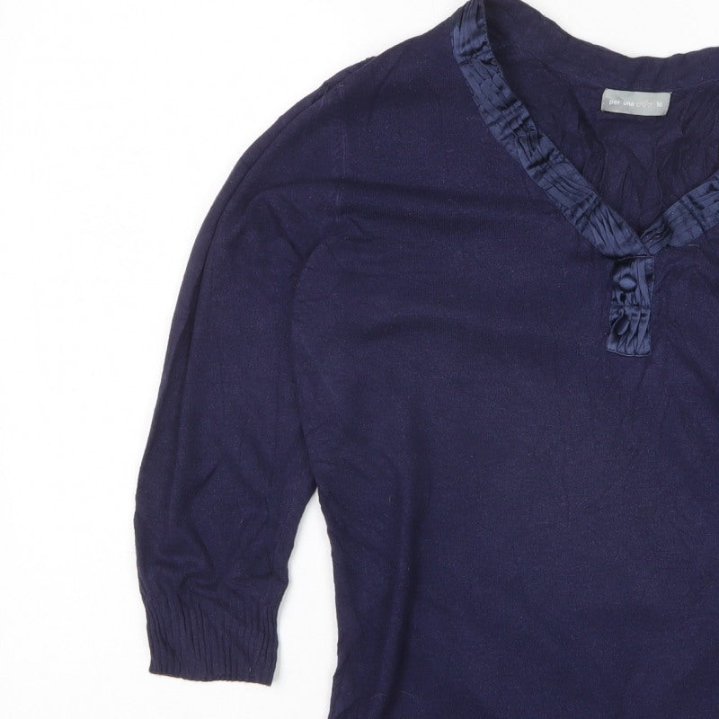 Per Una Women’s Navy V-Neck Ruffle Button Knit Jumper UK 16
