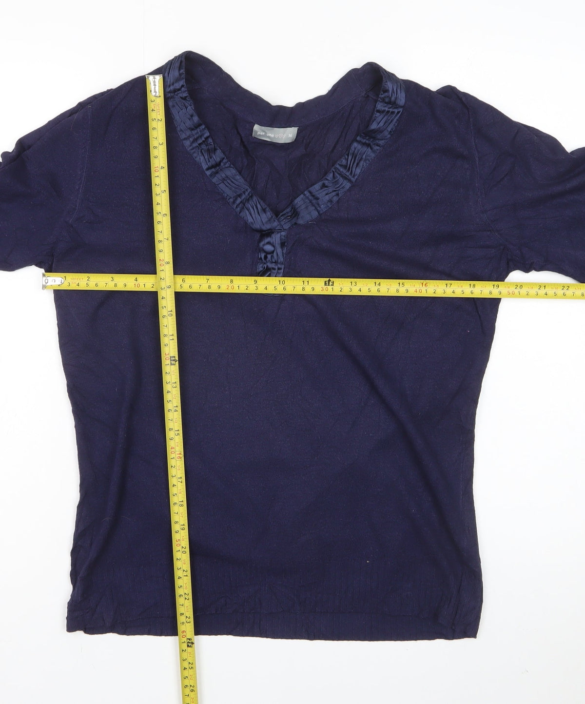 Per Una Women’s Navy V-Neck Ruffle Button Knit Jumper UK 16