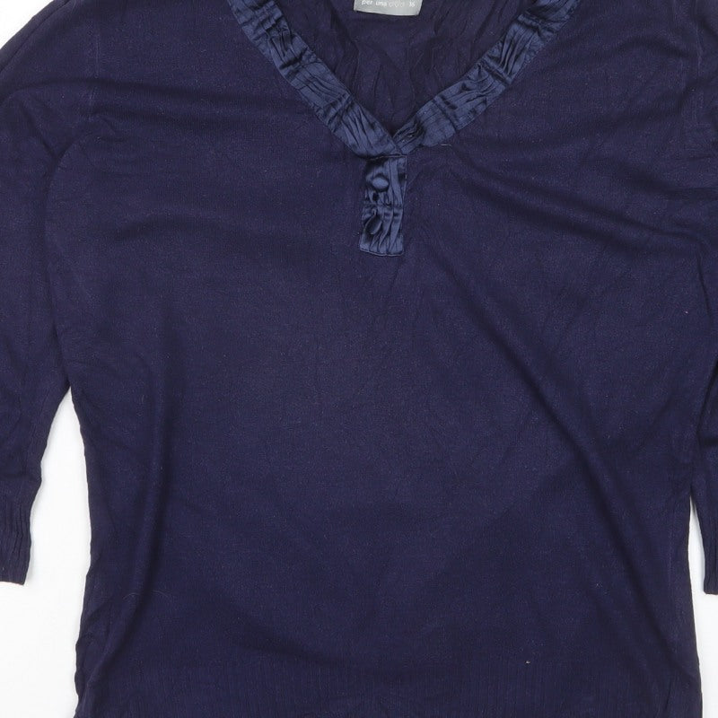 Per Una Women’s Navy V-Neck Ruffle Button Knit Jumper UK 16