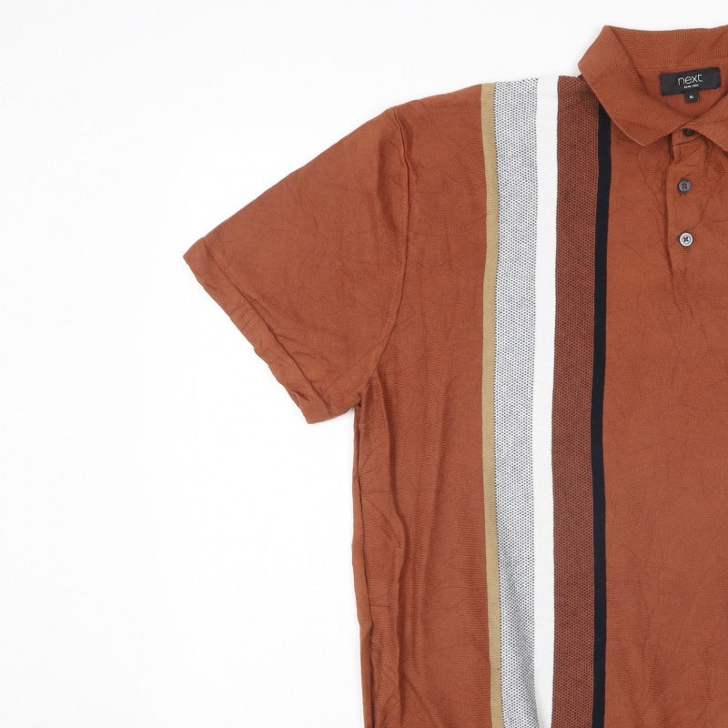 Next Men’s Brown Striped Knit Polo Shirt XL Short Sleeve Retro