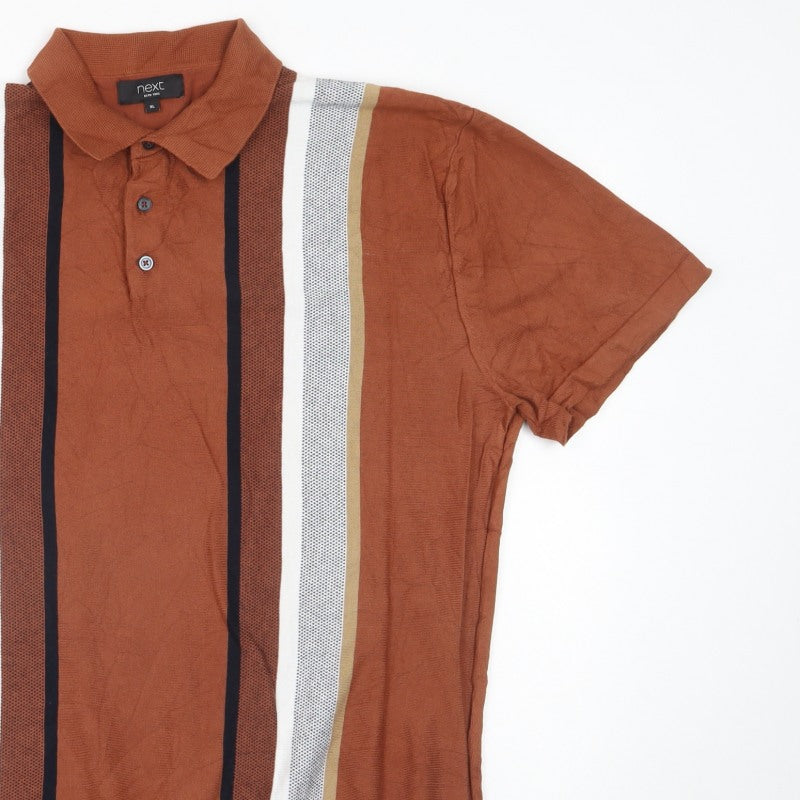 Next Men’s Brown Striped Knit Polo Shirt XL Short Sleeve Retro