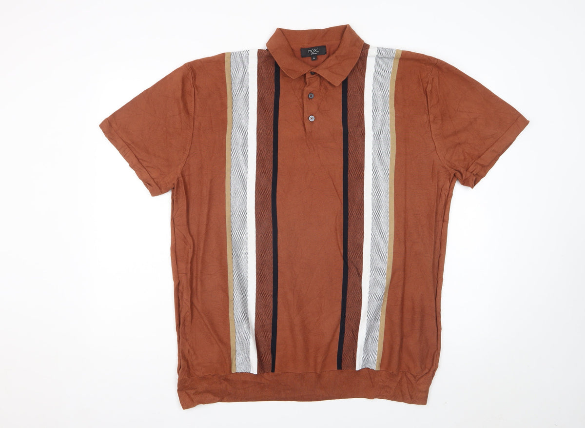 Next Men’s Brown Striped Knit Polo Shirt XL Short Sleeve Retro