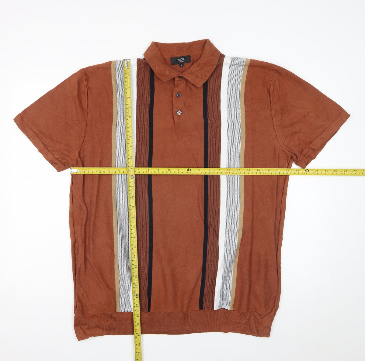 Next Men’s Brown Striped Knit Polo Shirt XL Short Sleeve Retro