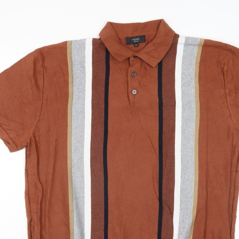 Next Men’s Brown Striped Knit Polo Shirt XL Short Sleeve Retro