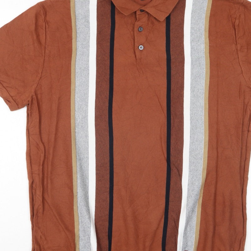 Next Men’s Brown Striped Knit Polo Shirt XL Short Sleeve Retro