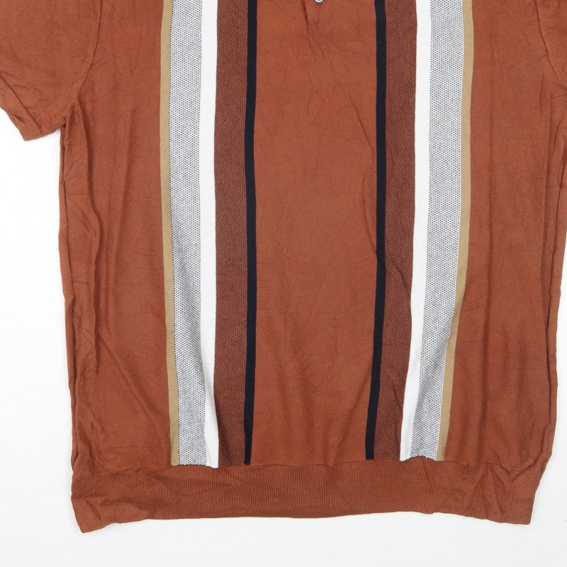 Next Men’s Brown Striped Knit Polo Shirt XL Short Sleeve Retro